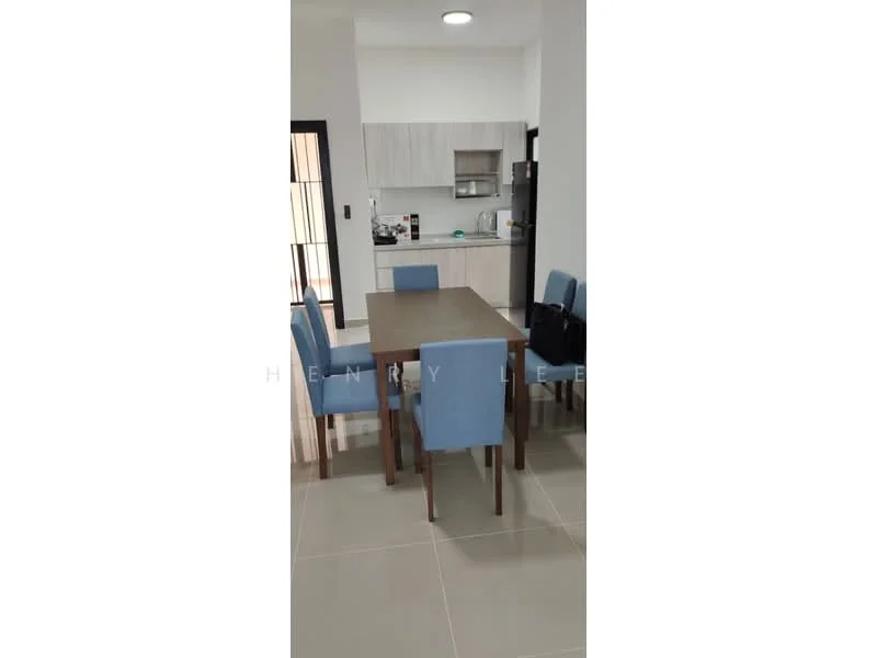 Dining features: 6-seater dining table, wooden dining table, upholstered dining chairs in light blue, tile flooring, recessed ceiling lights, open layout to kitchen, kitchen cabinetry visible, stainless-steel fridge visible; style: modern. Kitchen features: light wood cabinetry, countertop with integrated sink, built-in oven, microwave, stainless-steel appliances, open shelving, tile backsplash; style: modern.