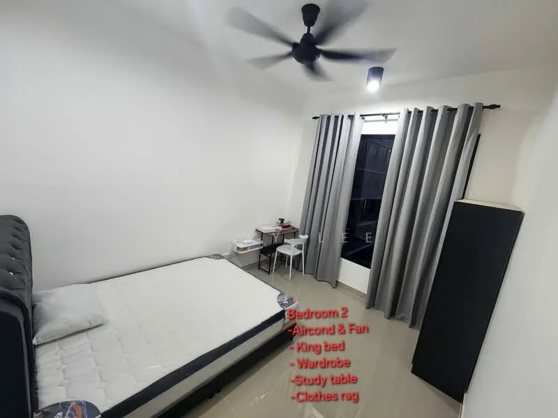 Bedroom features: king-size bed, wardrobe, study table, ceiling fan, air conditioning unit, grey curtains, white walls, tile flooring; style: modern.