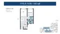 Floor plan: 1-bedroom 1-bathroom unit; features: open-plan kitchen-dining-living, master bedroom with ensuite bathroom, balcony off living room, utility room, laundry area, central foyer.