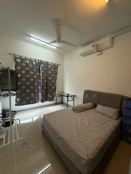 Bedroom features: queen-size bed, grey upholstered headboard, white walls, polished tile flooring, ceiling fan, wall-mounted split AC, blackout curtains with polka dots, study desk, plastic storage drawers, laundry basket; style: modern.