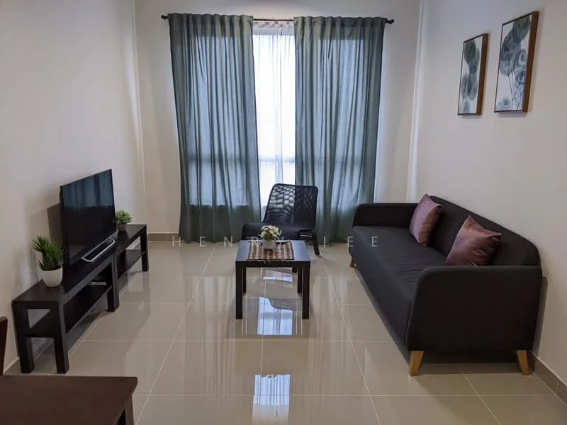 Living features: grey fabric sofa, wooden coffee table, black TV console, wall-mounted TV, two decorative cushions in pink, potted plant on coffee table, floor-to-ceiling windows, sheer curtains in light grey, dark green curtains, glossy tile flooring, framed artwork on walls; style: modern.