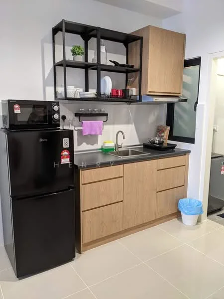 Kitchen features: black refrigerator, built-in microwave, single-bowl stainless-steel sink, chrome pull-down faucet, wood cabinetry with flat-panel doors, open shelving unit, black countertop, tile backsplash, ceramic tile flooring, window with black frame, kitchen towel rack, decorative plant on shelf; style: modern.