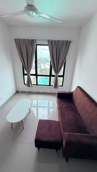 Living features: 3-seater fabric sofa in burgundy, coffee table, floor-to-ceiling windows, sheer curtains, 5-blade ceiling fan, glossy tile flooring, city view; style: modern; view: city.