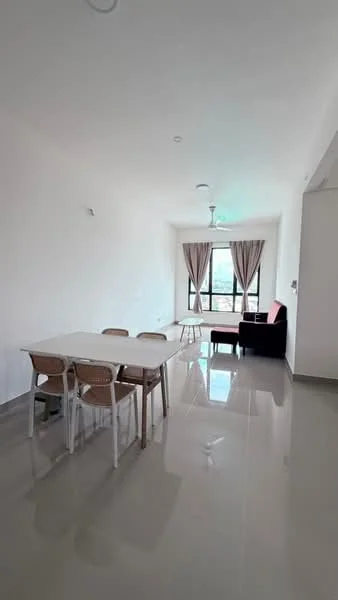 Dining features: white painted walls, glossy ceramic tile flooring, 5-blade ceiling fan with light, large windows with sheer curtains, dining table with 4 chairs, sofa in dark color, neutral decor, natural light from windows; style: modern; view: city.