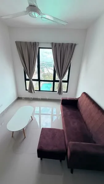 Living features: 3-seater fabric sofa in burgundy, coffee table, floor-to-ceiling windows, sheer curtains, grey walls, glossy tile flooring, ceiling fan with light, view of the city skyline; style: modern; view: city.