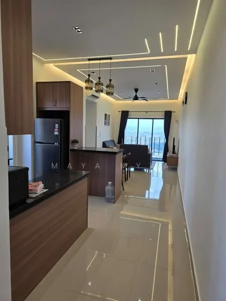 Kitchen features: black granite countertop, stainless-steel fridge, built-in cabinets with wood finish, pendant lighting, recessed ceiling lights, open layout to living area, tile flooring, ceiling fan, sliding glass door to balcony; style: modern; view: city. Living features: dining table with chairs, sofa, TV console, floor-to-ceiling windows, curtains, wall-mounted TV, area rug; style: modern; view: city.