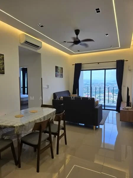 Living features: 5-blade ceiling fan with light, recessed LED downlights, floor-to-ceiling windows, sliding glass door, grey fabric sofa, wood TV console, wall-mounted TV, area rug, dining table with chairs, cream painted walls, glossy tile flooring; style: modern; view: city. Room features: cream painted walls, glossy tile flooring.