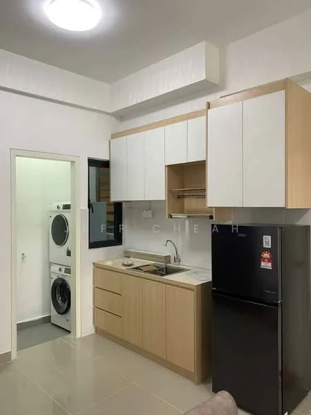 Kitchen features: white upper cabinets, wood lower cabinets, stainless-steel sink, chrome pull-down faucet, black refrigerator, built-in oven, ceramic tile flooring, recessed ceiling lights; style: modern. Laundry features: front-load washing machine, front-load dryer, white cabinetry, grey tiled flooring.