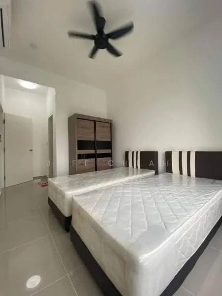 Bedroom features: two single beds with mattress protectors, ceiling fan, built-in wardrobe with wood finish, white walls, glossy tile flooring, door leading to hallway, natural light from ceiling light fixture; style: modern.