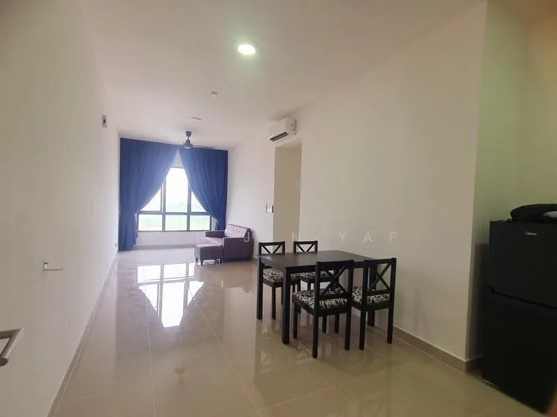 Living features: white painted walls, glossy tile flooring, 5-blade ceiling fan with light, floor-to-ceiling window, blackout curtains, sofa, dining table with 4 chairs, air conditioning unit; style: modern; view: city.