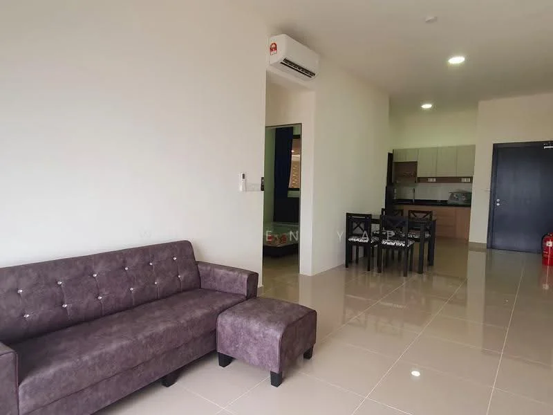 Living features: 3-seater fabric sofa in brown, ottoman, wall-mounted air conditioning unit, glossy tile flooring, neutral painted walls, recessed ceiling lights, open layout to dining area; style: modern. Dining features: 4-seater dining table, black wooden dining chairs, kitchen area visible in background, neutral painted walls, glossy tile flooring; style: modern.