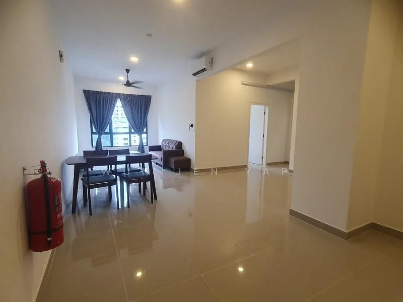 Living features: glossy ceramic tile flooring, white painted walls, 5-blade ceiling fan with light, floor-to-ceiling windows, grey fabric sofa, dining table with four chairs, fire extinguisher mounted on wall, curtains in dark grey, air conditioning unit; style: modern; view: city.
