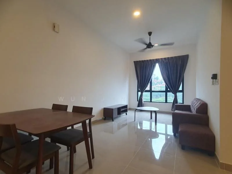 Living features: grey fabric sofa, wooden coffee table, 4-seater dining table, brown dining chairs, floor-to-ceiling windows, dark curtains, ceiling fan, glossy tile flooring, white painted walls, wall-mounted light switch; style: modern; view: city.