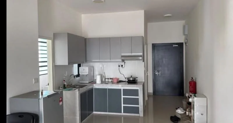 Kitchen features: grey cabinetry, stainless-steel sink, chrome pull-down faucet, built-in stove, exhaust hood, white tiled backsplash, ceramic tile flooring, refrigerator, countertop with space for appliances, wall-mounted electrical outlets, window for natural light; style: modern.