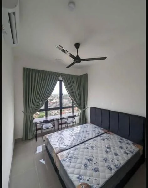 Bedroom features: king-size bed, upholstered headboard, floor-to-ceiling windows, green curtains, ceiling fan, wall-mounted split AC, tile flooring, decorative chair, small table; style: modern; view: city.