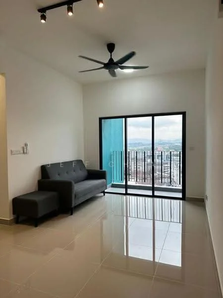 Living features: grey fabric sofa, floor-to-ceiling windows, sliding glass door, white painted walls, polished ceramic tile flooring, ceiling fan with light, black metal railing, city view; style: modern; view: city.