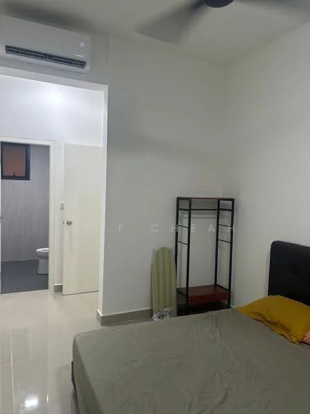 Bedroom features: queen-size bed, upholstered headboard, bedside table, wall-mounted split AC, ceiling fan, tile flooring, white painted walls, window with treatment, decorative shelf, light-colored bedding; style: modern. Bathroom features: one-piece toilet, sink with faucet, grey tiled walls, grey tiled flooring, shower area, mirror, light fixture; style: modern.