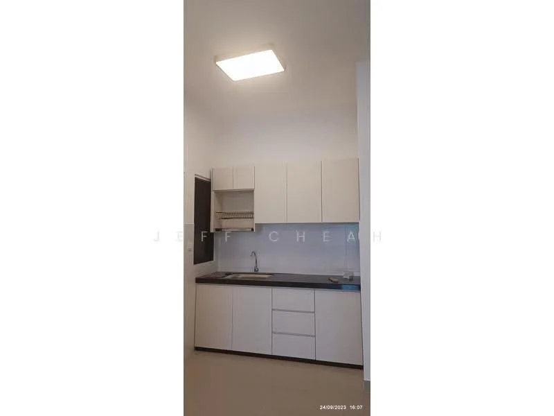 Kitchen features: white cabinetry, black countertop, single-bowl stainless-steel sink, chrome pull-down faucet, built-in oven, 4-burner gas hob, wall-mounted range hood, recessed ceiling lights, tile flooring; style: modern.