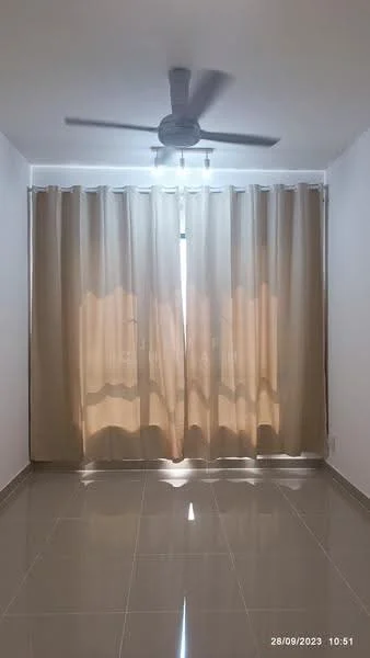 Room features: cream curtains, floor-to-ceiling windows, 5-blade ceiling fan, glossy ceramic tile flooring, white painted walls, natural light from window; style: modern.