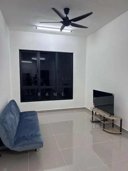 Living features: grey fabric sofa, wall-mounted TV, TV console, ceiling fan, large windows, white painted walls, glossy tile flooring, recessed lighting; style: modern.