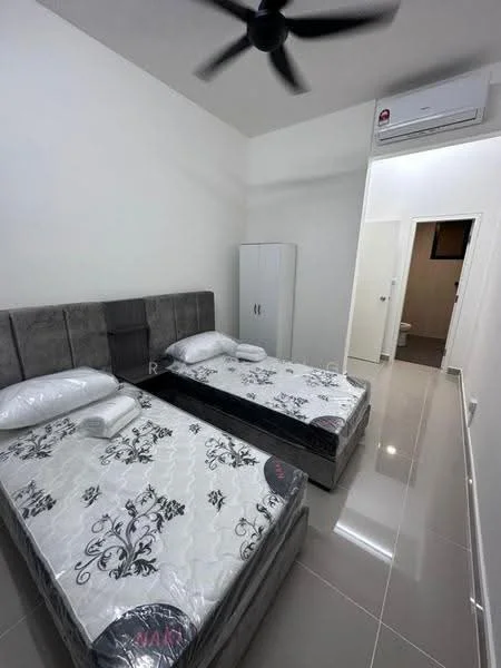 Bedroom features: two single beds with grey upholstered headboards, white bedding with floral pattern, grey tiled flooring, white painted walls, ceiling fan, wall-mounted split AC unit, built-in wardrobe with white doors, doorway leading to bathroom; style: modern.