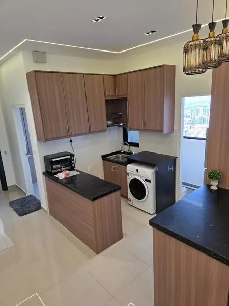 Kitchen features: brown wooden cabinetry, black granite countertop, single-bowl stainless-steel sink, chrome pull-down faucet, built-in oven, microwave, washing machine, recessed downlights, tile flooring, white walls, open layout, window with city view, kitchen island; style: modern; view: city.