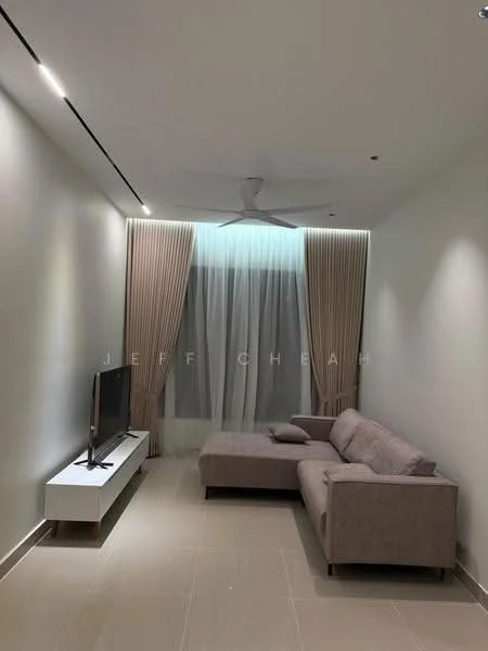 Living features: 3-seater fabric sofa in light grey, L-shape sectional sofa, white TV console, wall-mounted TV, recessed LED downlights, 5-blade ceiling fan with light, floor-to-ceiling windows, sheer curtains, light-coloured tiled flooring, decorative wall with indirect lighting; style: modern.