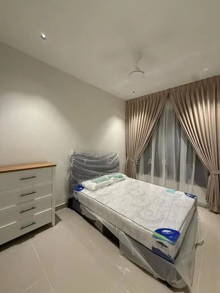 Bedroom features: queen-size bed with mattress protector, wooden bedside table, drapes in beige, floor-to-ceiling windows, light grey painted walls, recessed downlights, ceiling fan, tile flooring; style: modern.