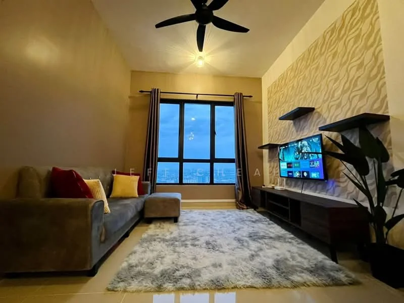 Living features: 3-seater fabric sofa in grey, red and cream decorative cushions, area rug with geometric pattern, wall-mounted TV, TV console with storage, floor-to-ceiling windows, curtains in grey, ceiling fan with light, decorative wall panel with textured design, indoor plant; style: modern; view: city.