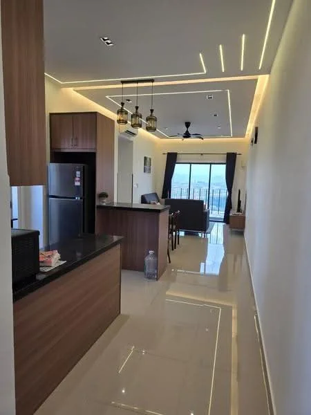 Kitchen features: black granite countertop, wood cabinetry, stainless-steel fridge, built-in microwave, pendant lighting, open shelving; style: modern; view: city. Living features: 3-seater fabric sofa in grey, coffee table, TV console, wall-mounted TV, recessed LED downlights, ceiling fan, floor-to-ceiling windows, curtains; style: modern; view: city.
