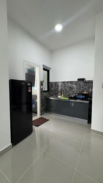 Kitchen features: black refrigerator, grey cabinetry, black marble backsplash, white walls, grey tile flooring, single-bowl stainless-steel sink, chrome pull-down faucet, built-in stove, window above sink, countertop space, kitchen mat; style: modern.