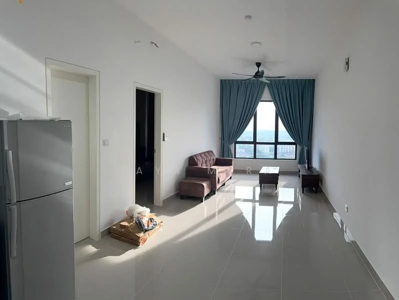 Living features: grey fabric sofa, coffee table, floor-to-ceiling window, curtains in light blue, white painted walls, polished ceramic tile flooring, ceiling fan, wall-mounted light fixture, refrigerator, wooden side table; style: modern; view: city.