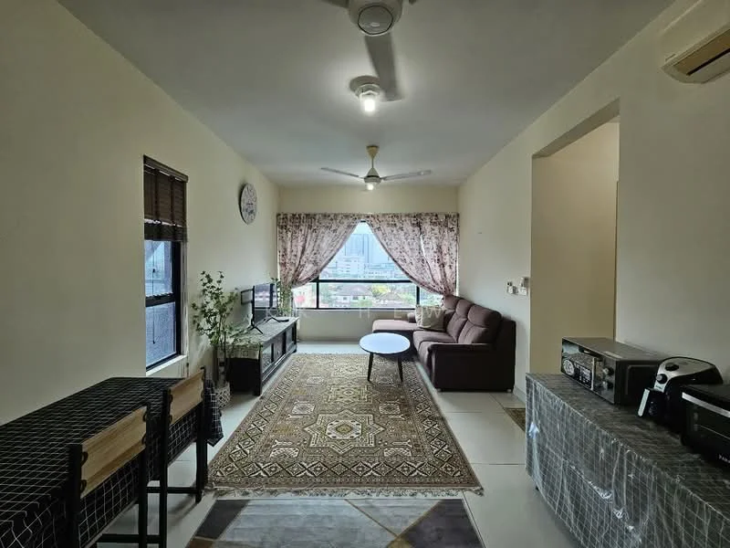 Living features: cream painted walls, white ceiling, 5-blade ceiling fan with light, floor-to-ceiling windows, sheer curtains, brown fabric 3-seater sofa, coffee table, TV console, wall-mounted TV, area rug with geometric pattern, decorative wall clock, wooden dining table with 2 chairs, decorative plants; style: modern; view: city.