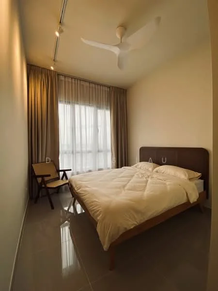 Bedroom features: queen-size bed, upholstered headboard, white bedding, floor-to-ceiling windows, sheer curtains, 5-blade ceiling fan, wooden chair, glossy tile flooring, neutral painted walls, recessed lighting; style: modern; view: city.