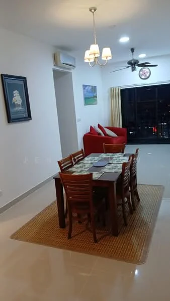 Dining features: 6-seater dining table, wooden dining chairs, area rug, pendant light, white painted walls, ceramic tile flooring, wall-mounted air conditioning unit, large window with city view, decorative wall art; style: modern; view: city. Living features: red fabric sofa, ceiling fan, wall-mounted artwork, curtains, ceramic tile flooring; style: modern; view: city.
