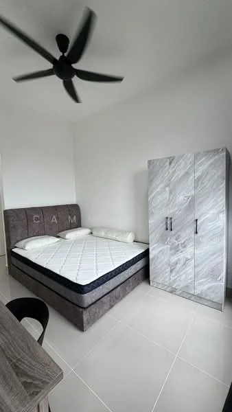Bedroom features: queen-size bed with upholstered headboard, mattress on bed frame, 2 white pillows, grey wardrobe with 2 doors, study desk, ceiling fan with 5 blades, light grey tiled flooring, white painted walls; style: modern.