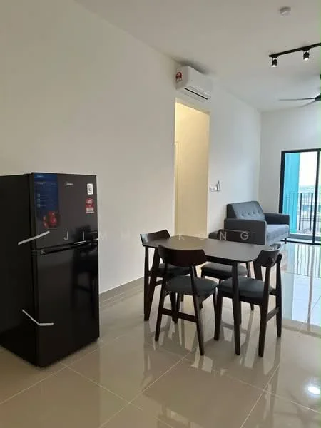 Dining features: black fridge, 4-seater dining table, wooden dining chairs, white painted walls, glossy tile flooring, 1 wall-mounted split AC, ceiling fan with light, floor-to-ceiling window, sofa in grey fabric; style: modern; view: city.