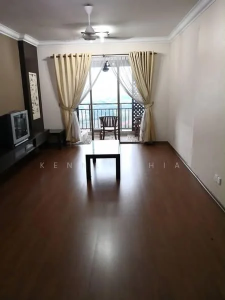 Living features: laminate flooring, cream painted walls, white ceiling with crown moulding, 5-blade ceiling fan, floor-to-ceiling windows, sheer curtains, balcony door, TV console, wall-mounted TV, wooden dining table with chairs, decorative wall art; style: modern; view: city.