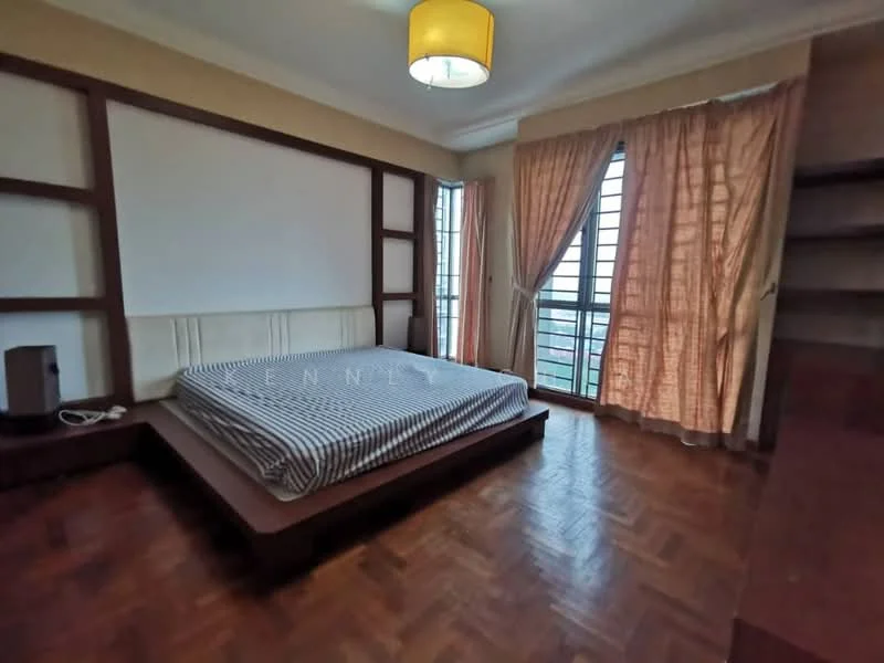 Bedroom features: queen-size bed, striped bed linen, wooden flooring, large window with city view, sheer curtains, light brown curtains, ceiling light fixture, built-in shelving unit, wooden bed frame, decorative wall paneling; style: modern; view: city.