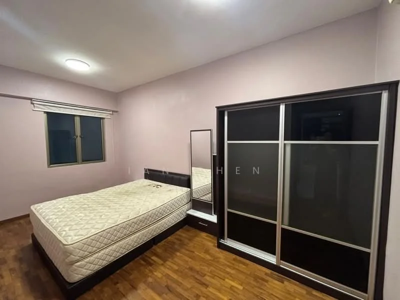 Bedroom features: light purple painted walls, wooden flooring, queen-size bed, mirror, built-in wardrobe with sliding doors, window with blinds, ceiling light fixture; style: modern.