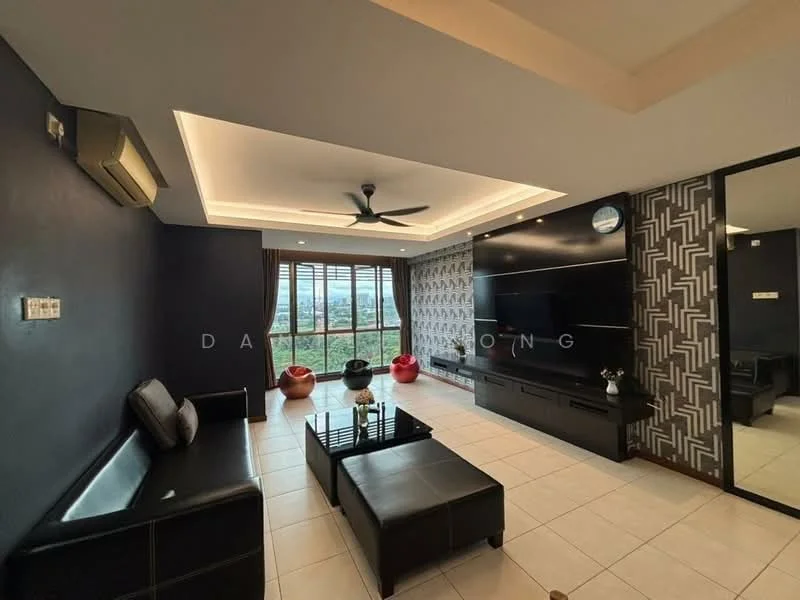 Living features: dark blue painted walls, white ceiling with recessed lighting, 5-blade ceiling fan with light, large floor-to-ceiling windows, black leather sofa, black coffee table, TV console with wall-mounted TV, decorative wall with geometric pattern, bean bags, tile flooring, curtains, mirror on wall; style: modern; view: city.