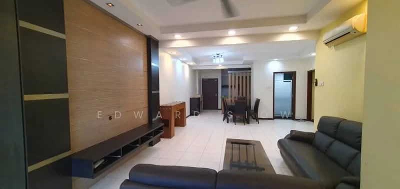 Living features: black leather sofa, glass coffee table, TV console with wall-mounted unit, white tiled flooring, ceiling fan, recessed downlights, feature wall with wood paneling, open layout to dining area; style: modern.