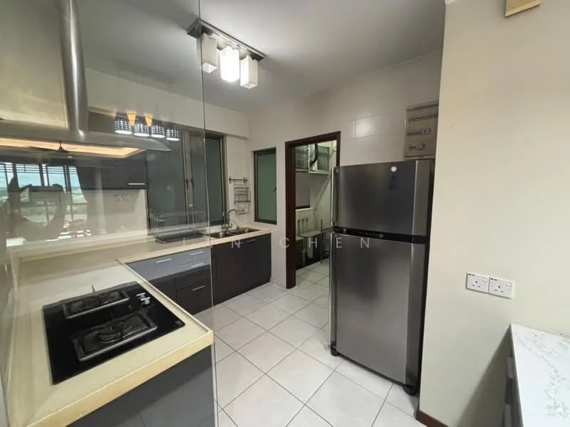 Kitchen features: stainless-steel fridge, built-in oven, 4-burner gas hob, granite countertop, white tiled backsplash, grey cabinetry, double-bowl stainless-steel sink, pendant lighting, tile flooring, window with blinds; style: modern.