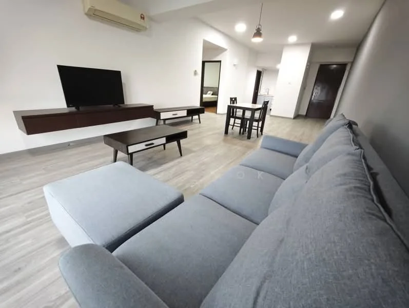 Living features: 3-seater fabric sofa in grey, coffee table, TV console, wall-mounted TV, recessed downlights, 1 wall-mounted split AC, laminate flooring, white painted walls, open layout to dining area, area rug; style: modern. Dining features: 4-seater dining table, wooden dining chairs, laminate flooring, white painted walls, open layout to living area; style: modern.