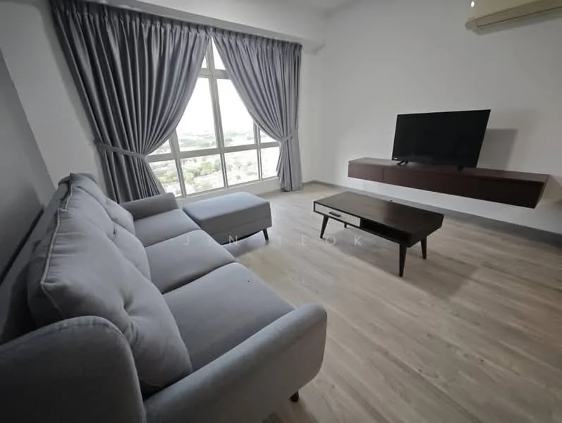 Living features: 3-seater fabric sofa in grey, wooden coffee table, wall-mounted TV, floor-to-ceiling windows, sheer curtains, light-coloured laminate flooring, recessed downlights, air conditioning unit; style: modern; view: city.