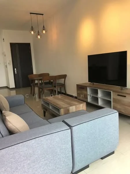 Living features: grey fabric sectional sofa, wood coffee table, TV console with storage, wall-mounted flat-screen TV, dining table for four, wooden dining chairs, pendant lighting, cream painted walls, tile flooring; style: modern.