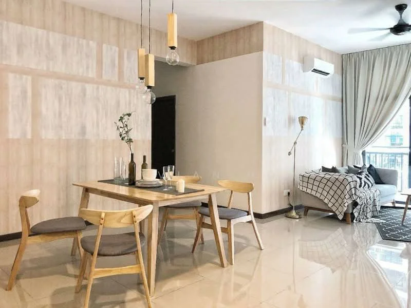 Dining features: dining table with wooden legs, 4 wooden dining chairs with grey cushions, hanging pendant lights with bulbs, cream painted walls with wood paneling, polished ceramic tile flooring, floor-to-ceiling window with sheer curtains, ceiling fan, decorative plant in vase; style: modern; view: city. Living features: sofa with black and white geometric pattern, area rug with geometric pattern, wall-mounted air conditioning unit; style: modern.