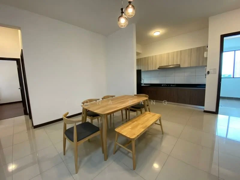 Dining features: wooden dining table, bench seating, 4 dining chairs, white painted walls, tile flooring, kitchen area visible in background, overhead pendant lighting, large window providing natural light; style: modern.