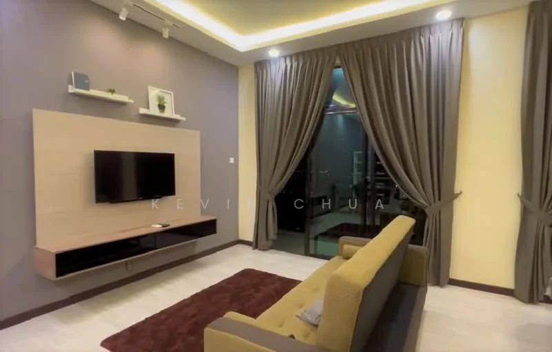 Living features: grey accent wall, cream painted walls, recessed downlights, 5-blade ceiling fan, wall-mounted TV, floating TV console, brown area rug, sofa in beige, floor-to-ceiling curtains, sliding glass door, view of balcony; style: modern.