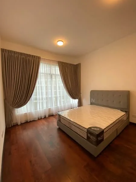 Bedroom features: queen-size bed, upholstered headboard, wood flooring, floor-to-ceiling windows, sheer curtains, recessed ceiling light, neutral wall color, decorative wall molding; style: modern.
